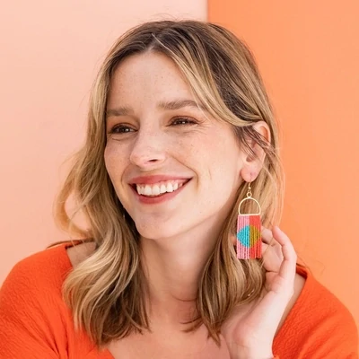 Allison half circle color block beaded fringe earrings tomato red