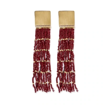 Harlow Brass Top Beaded Fringe Earrings Maroon