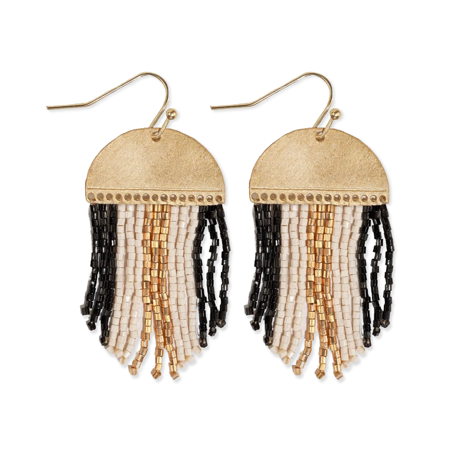 Claudia 3 color stripe short beaded fringe earrings black/white