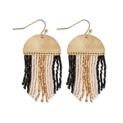 Claudia 3 color stripe short beaded fringe earrings black/white