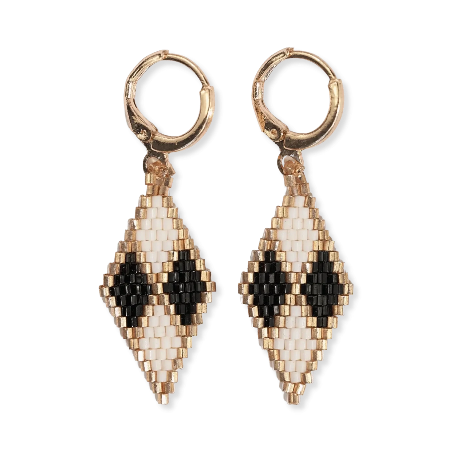 Carmen mini gold hoop diamond pattern beaded drop earrings black/white