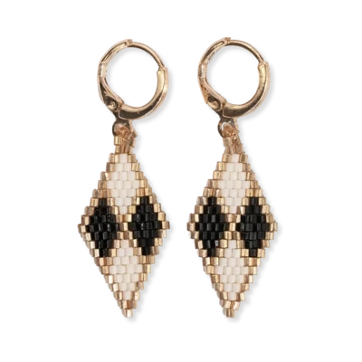 Carmen mini gold hoop diamond pattern beaded drop earrings black/white
