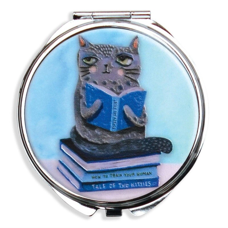TRINKET / PILL BOX W MIRROR - CAT &amp; BOOKS