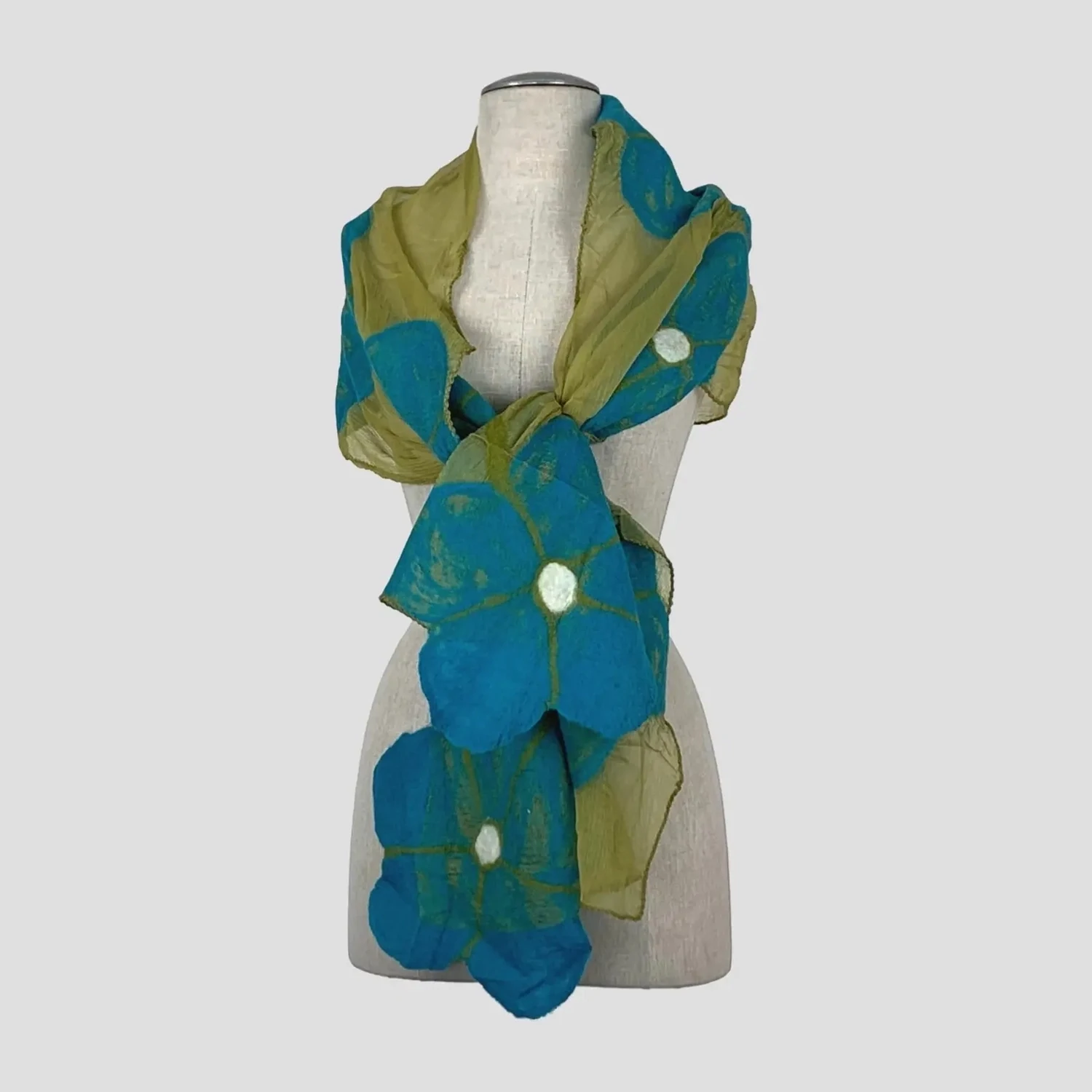 Beige On Turquoise Flower Wet Felt Scarf