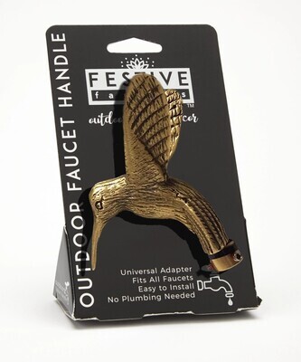 Decorative gold-tone hummingbird outdoor faucet handle with detailed wings and beak. Affixed to its packaging