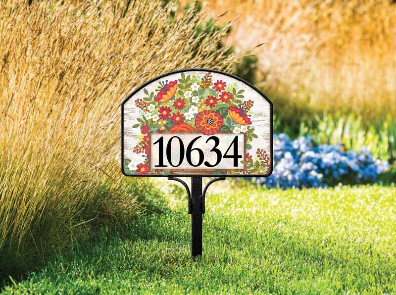 Magnetic yard sign featuring rustic fall flowers, pumpkins, and address numbers, installed outdoors.