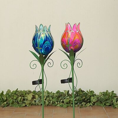 32&quot;H Solar Lighted Metal &amp; Fused Glass Tulip Stake 9630 - Pink or Blue