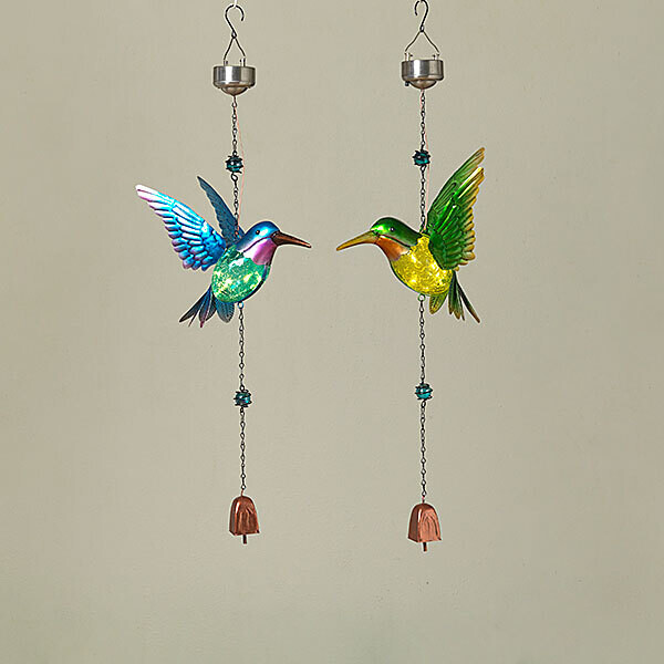 24.8&quot;H Solar Lighted Metal &amp; Glass Hanging Bird w/ Bell 0040 - BLUE OR GREEN