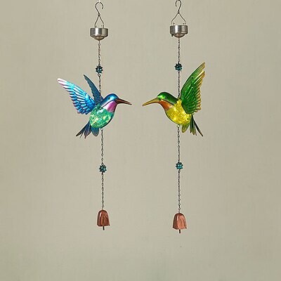 24.8&quot;H Solar Lighted Metal &amp; Glass Hanging Bird w/ Bell 0040 - BLUE OR GREEN