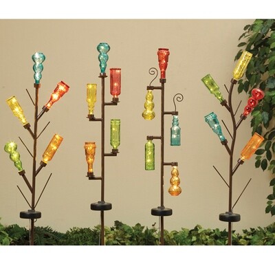 Solar Lighted Metal &amp; Glass Bottle Yard Stake