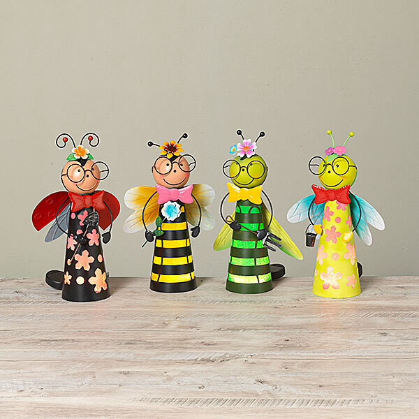 15.5&quot;H Solar Lighted Metal Garden Friend 1190, 4 Asst (Black Flower, Yellow Stripe, Green Stripe, Yellow Flower)
