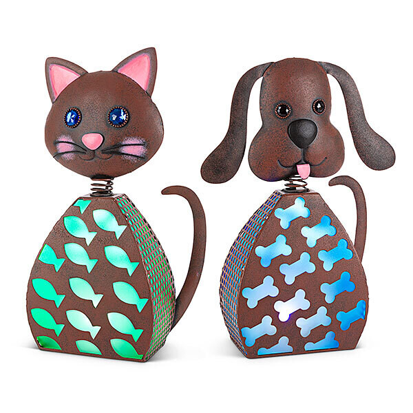 15&quot;H Solar Lighted Metal Cat/Dog, Rustic, Blue/Green LED, 2 Asst