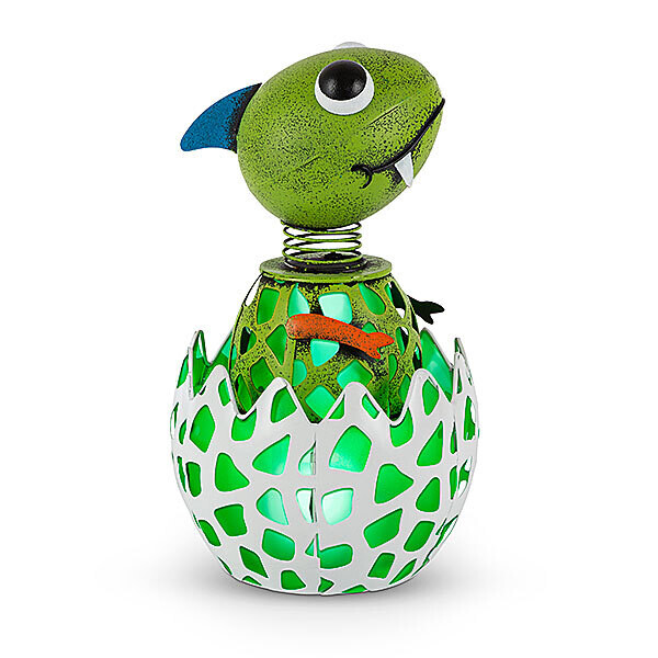72160 11.5&quot;H Solar Lighted Metal Baby Dinosaur, Green &amp; Blue Finish, Green PVC/LED