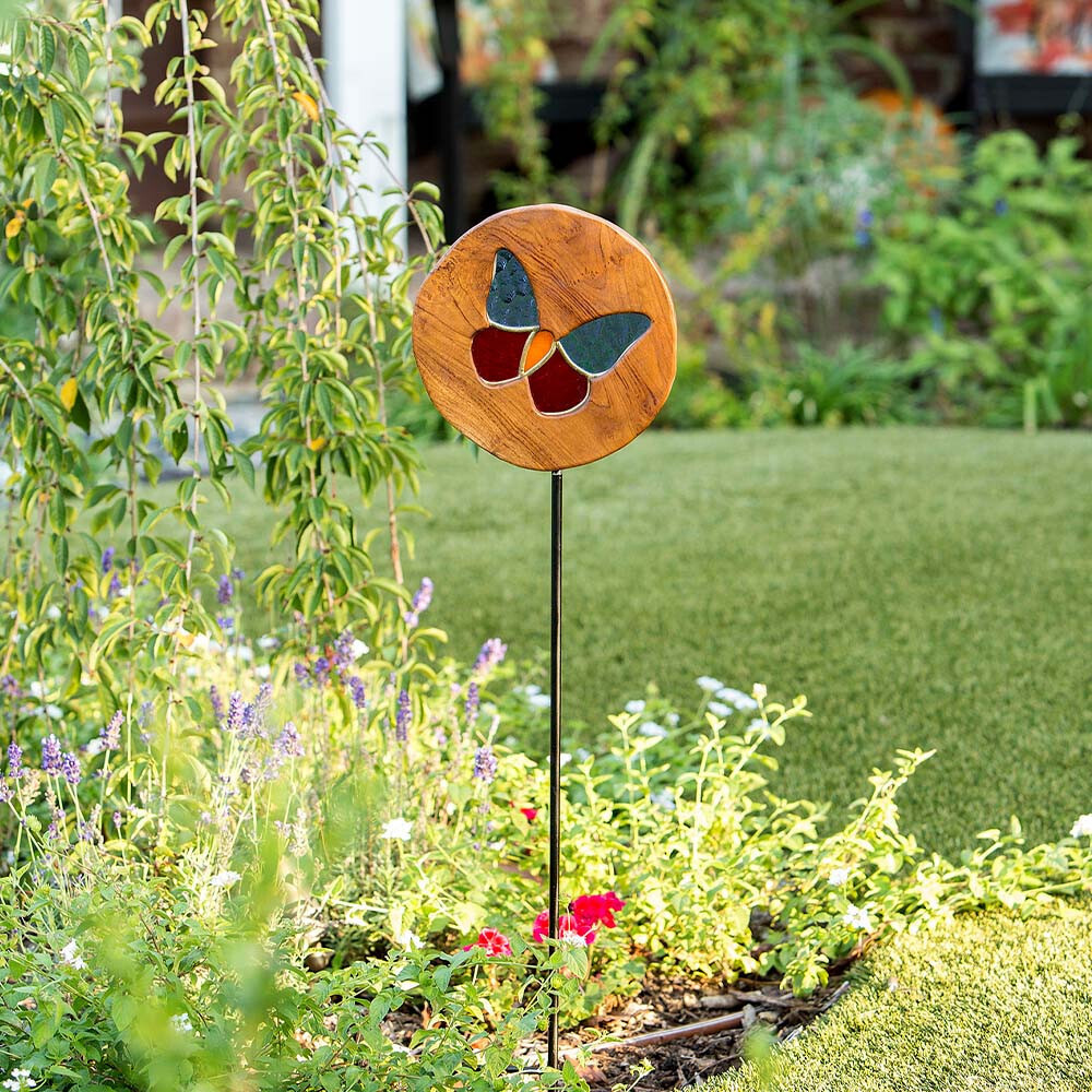 Teak Slab Stained Glass Butterfly Garden Stake 4FT