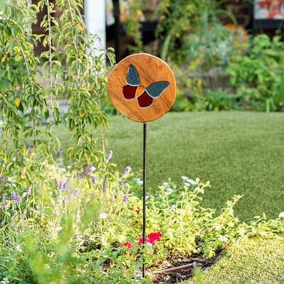 Teak Slab Stained Glass Butterfly Garden Stake 4FT