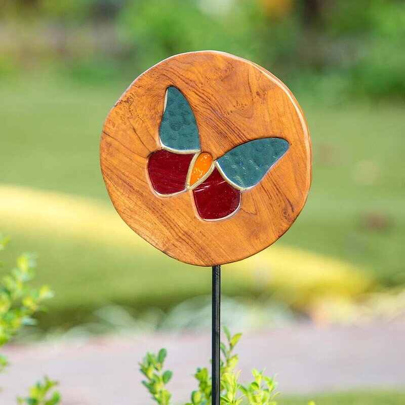 Teak Slab Stained Glass Butterfly Garden Stake 4FT