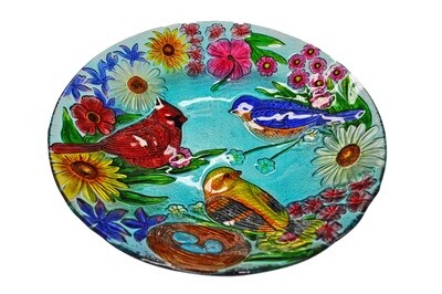 18&quot; Cardinal, Bluebird and Gold Finch Glass Plate Bird Bath