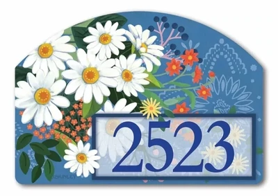 Bandana and daisy magnetic yard sign displaying address numbers, installed on a metal stake.