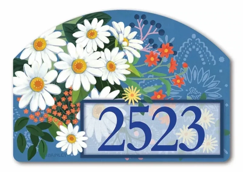 Bandana and daisy magnetic yard sign displaying address numbers, installed on a metal stake.