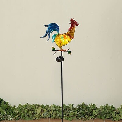 37.8&quot;H Solar Lighted Metal &amp; Glass Rooster Yard Stake 2430