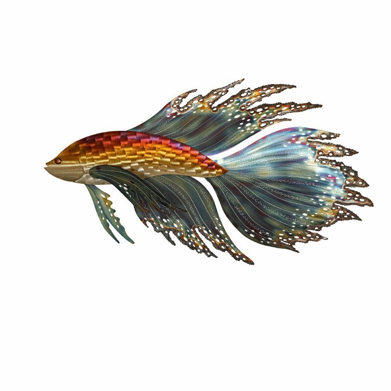 FIGHTING FISH METAL WALL SCULPTURE RAKU FINISH (FACE LEFT)
