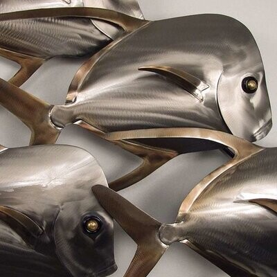 LOOK DOWN SCHOOL OF 5 FISH METAL WALL SCULPTURE