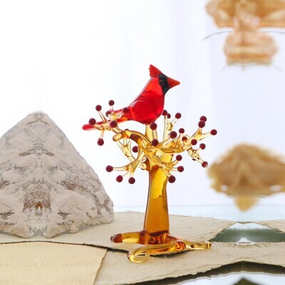 Northern Red Cardinal Glass Sculpture, Hand Blown Bird Decor