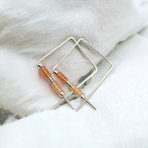 Silver Square Threader Hoop Earrings with Amber Color Beads