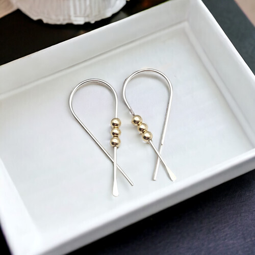 RIBBON THREADER EARRINGS - SILVER WITH GOLD BEADS