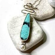 CLEAR WATER - SILVER PENDANT WITH OPALIZED WOOD &amp; PEARL