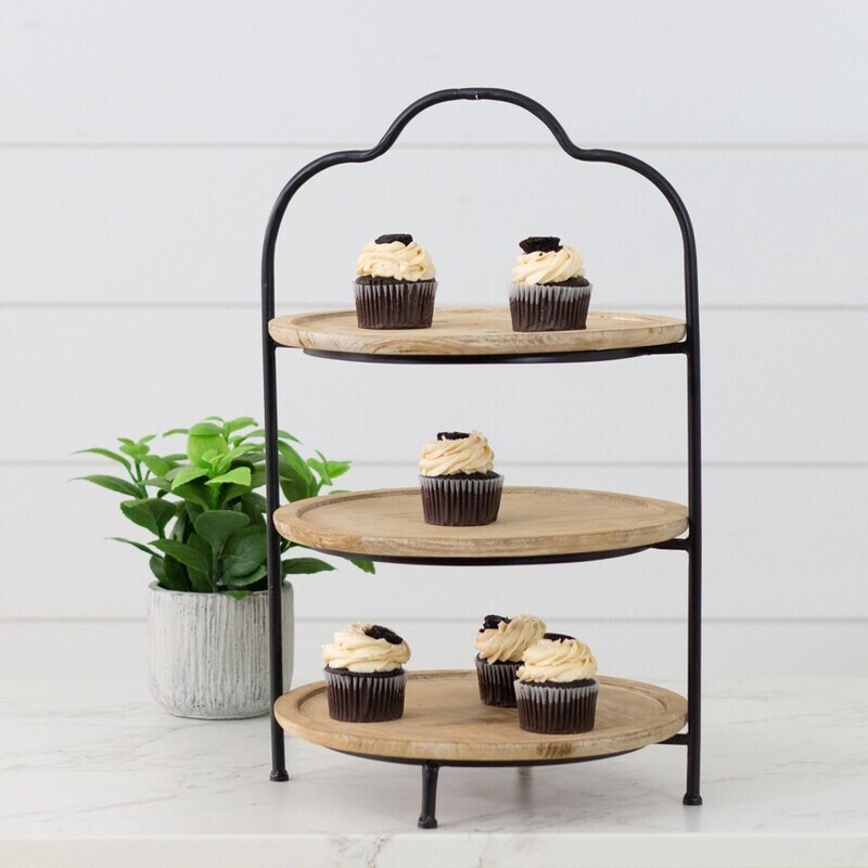 THREE TIERED WOOD ROUND TRAY