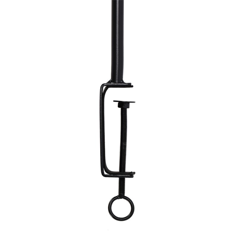 Black steel clamp-on table hook. Bottom part is showing, revealing a screw-clamp