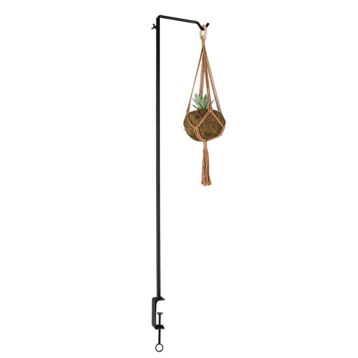Black steel clamp-on table hook holding a hanging plant from a tabletop edge.