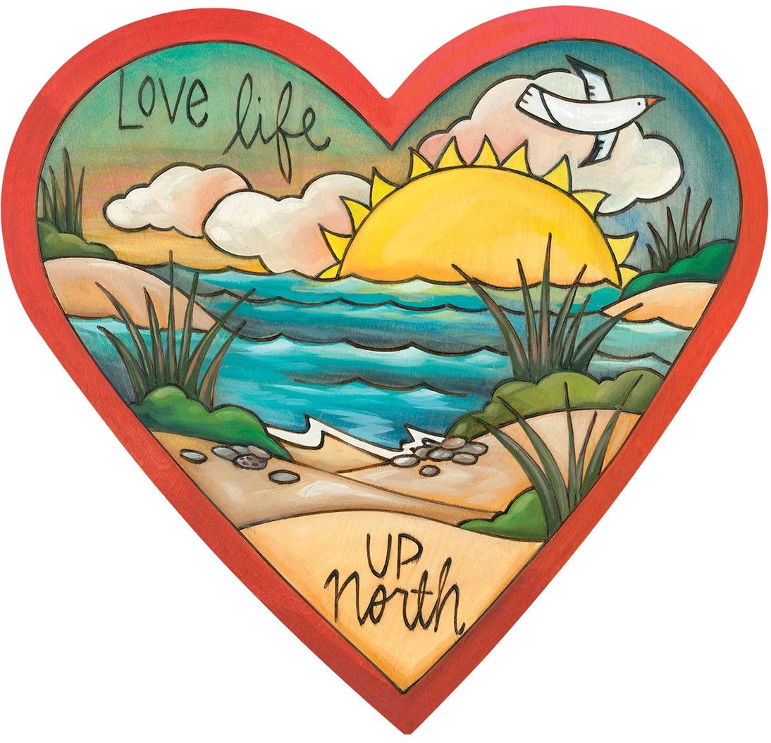 &quot;UP NORTH LOVE&quot; - WOOD WALL PLAQUE HEART SHAPED