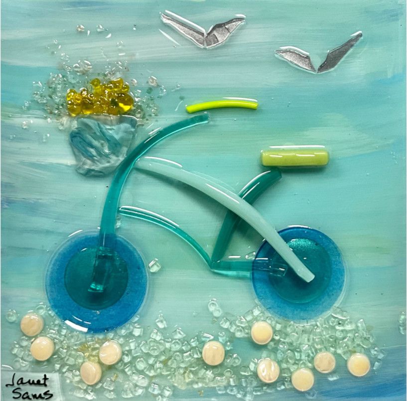 4625 BICYCLE  SHATTERED GLASS WALL ART 6x6x1 -   &quot;HOP ON&quot;