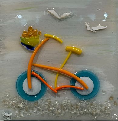 BICYCLE SHATTERED GLASS WALL ART -   &quot;DOWN HILL ALL THE WAY&quot;