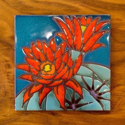 6X6 TILE - HEDGEHOG CACTUS DESERT BLOOM - BLUE