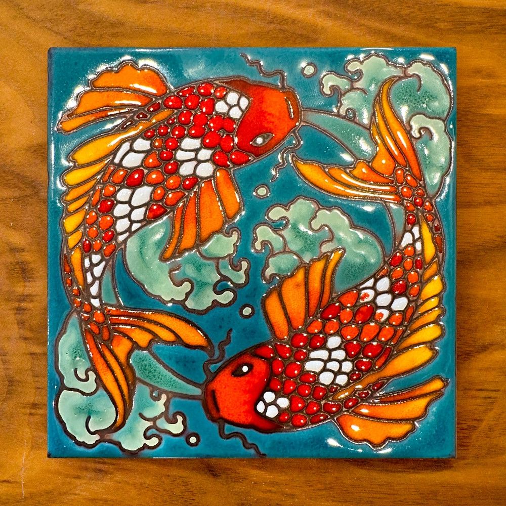 6X6 HAND GLAZED TILE - KOI - BLUE