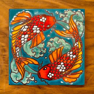 6X6 HAND GLAZED TILE - KOI - BLUE