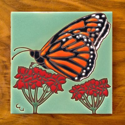 6X6 TILE - MONARCH W/ MILKWEED - GREEN