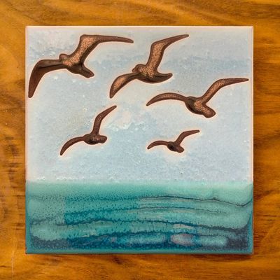 6X6 HAND GLAZED ART TILE - SEAGULLS