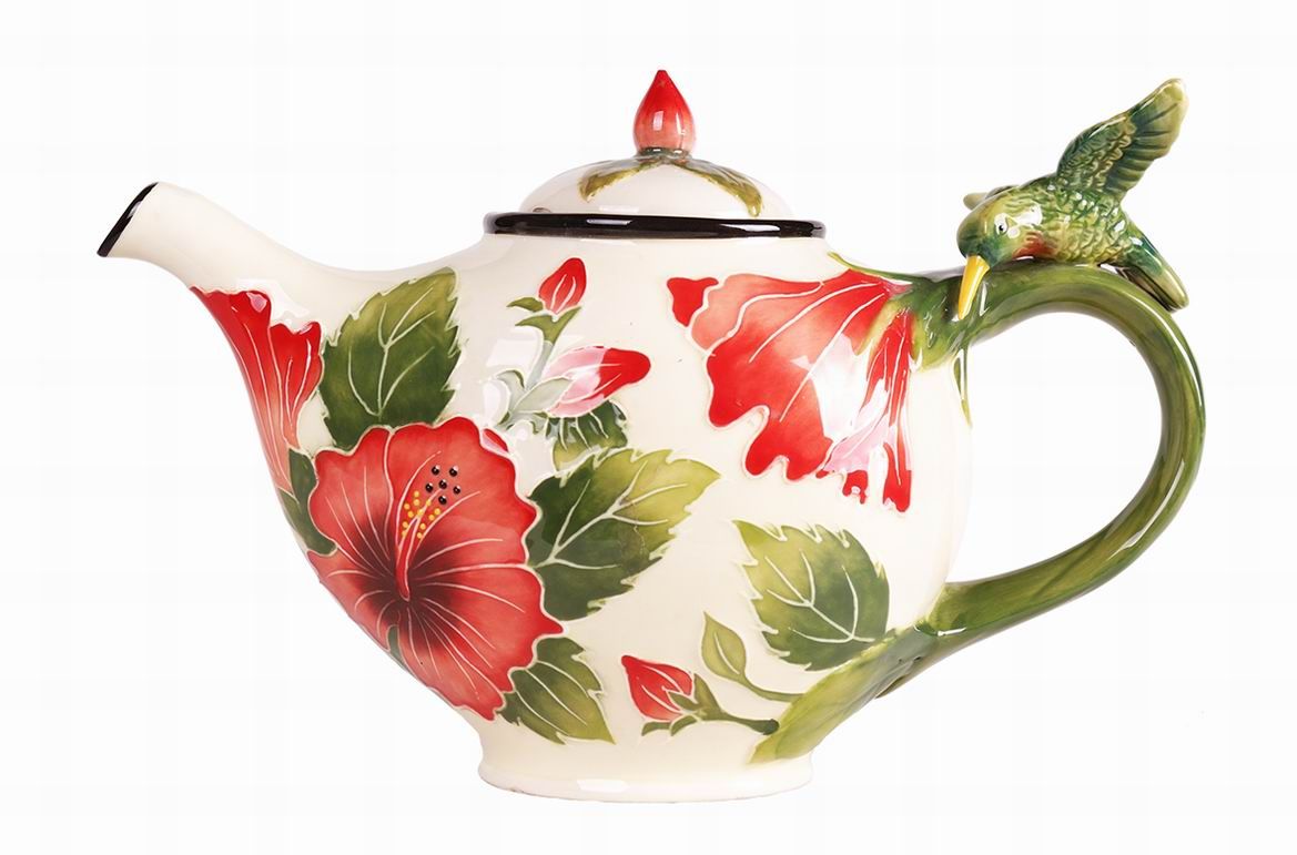 WHITE HIBISCUS TEAPOT WITH HUMMINGBIRD
