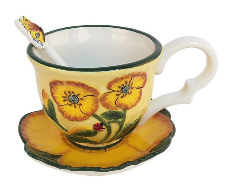 YELLOW POPPY TEACUP WITH SAUCER AND SPOON SET