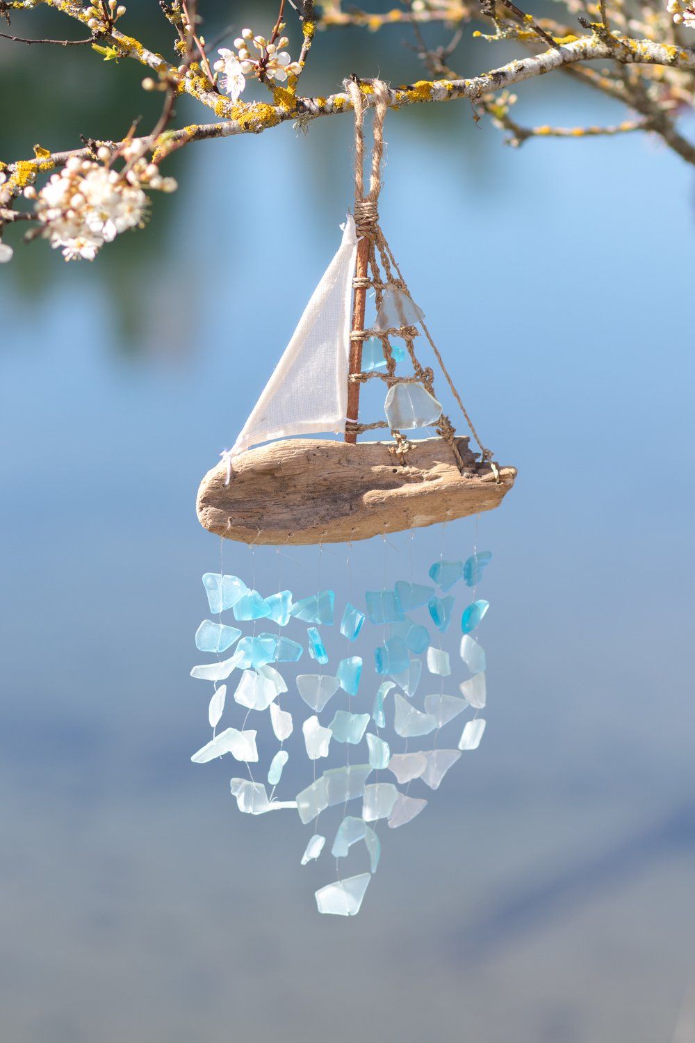 Driftwood Sail Boat with Upcycled Glass Chimes - Aqua, Turquoise