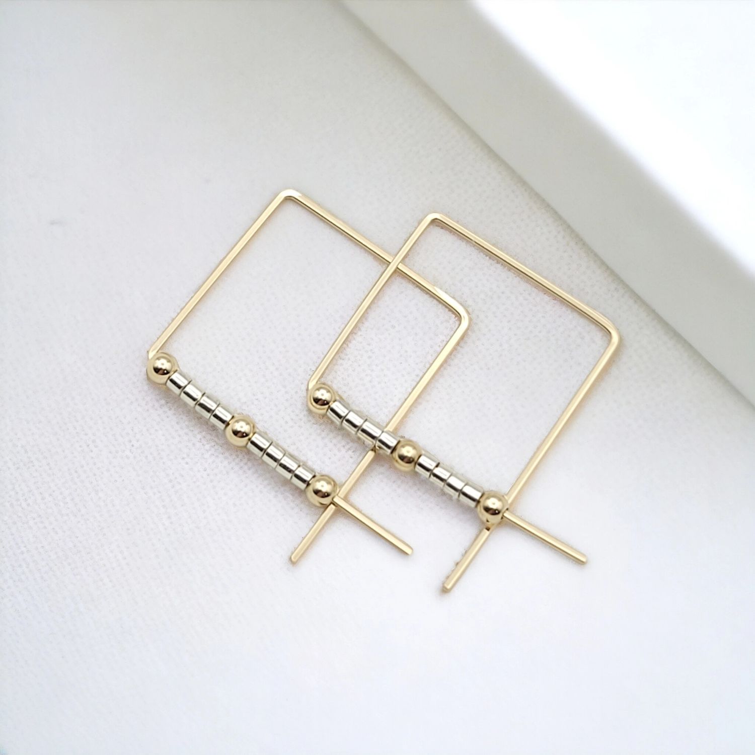 Gold Filled Square Goemetric Hoop Earrings with Silver Beads