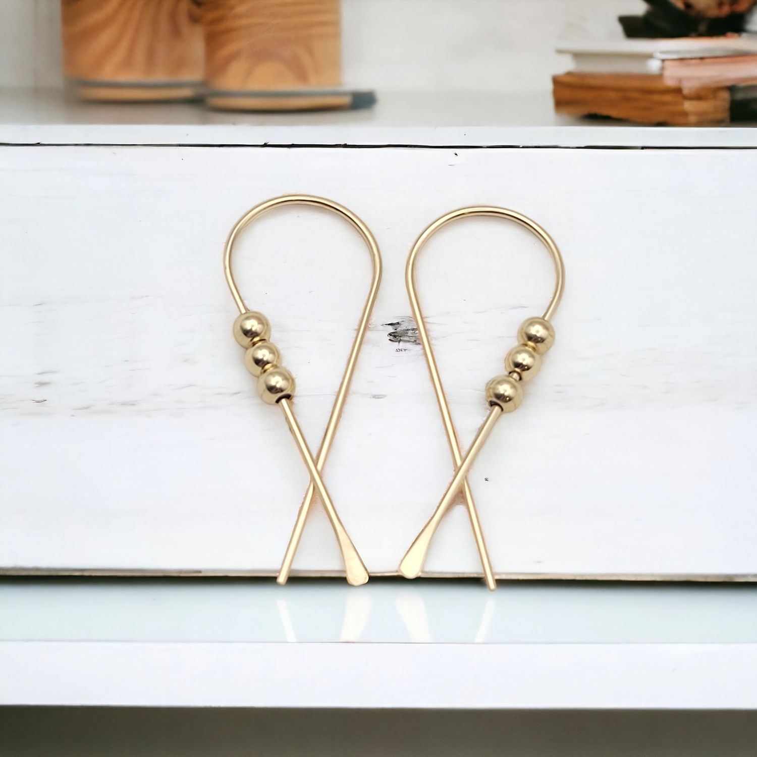 RIBBON THREADER EARRINGS - GOLD WITH GOLD BEADS
