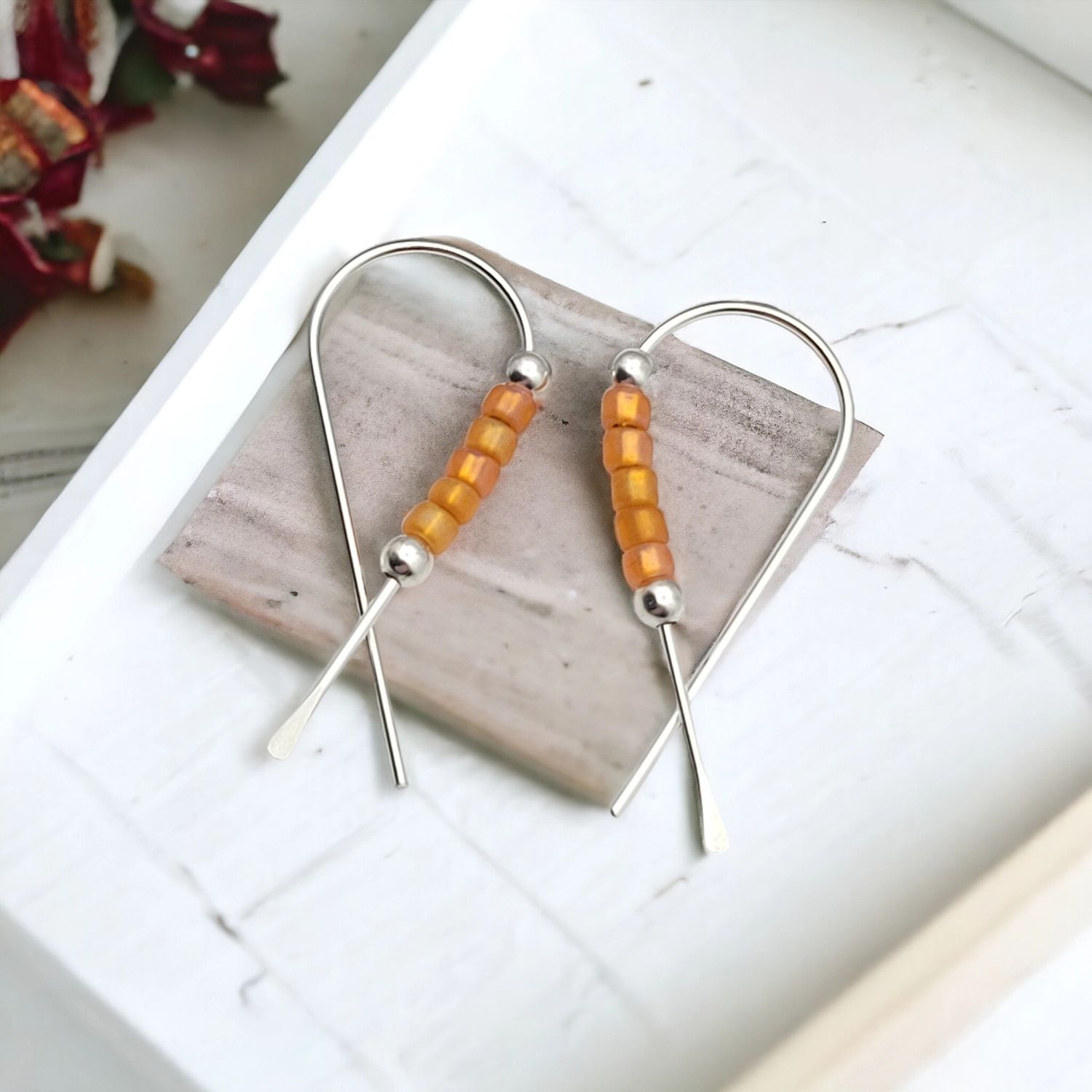 Silver Ribbon Threader Earrings with Orange Seed Beads