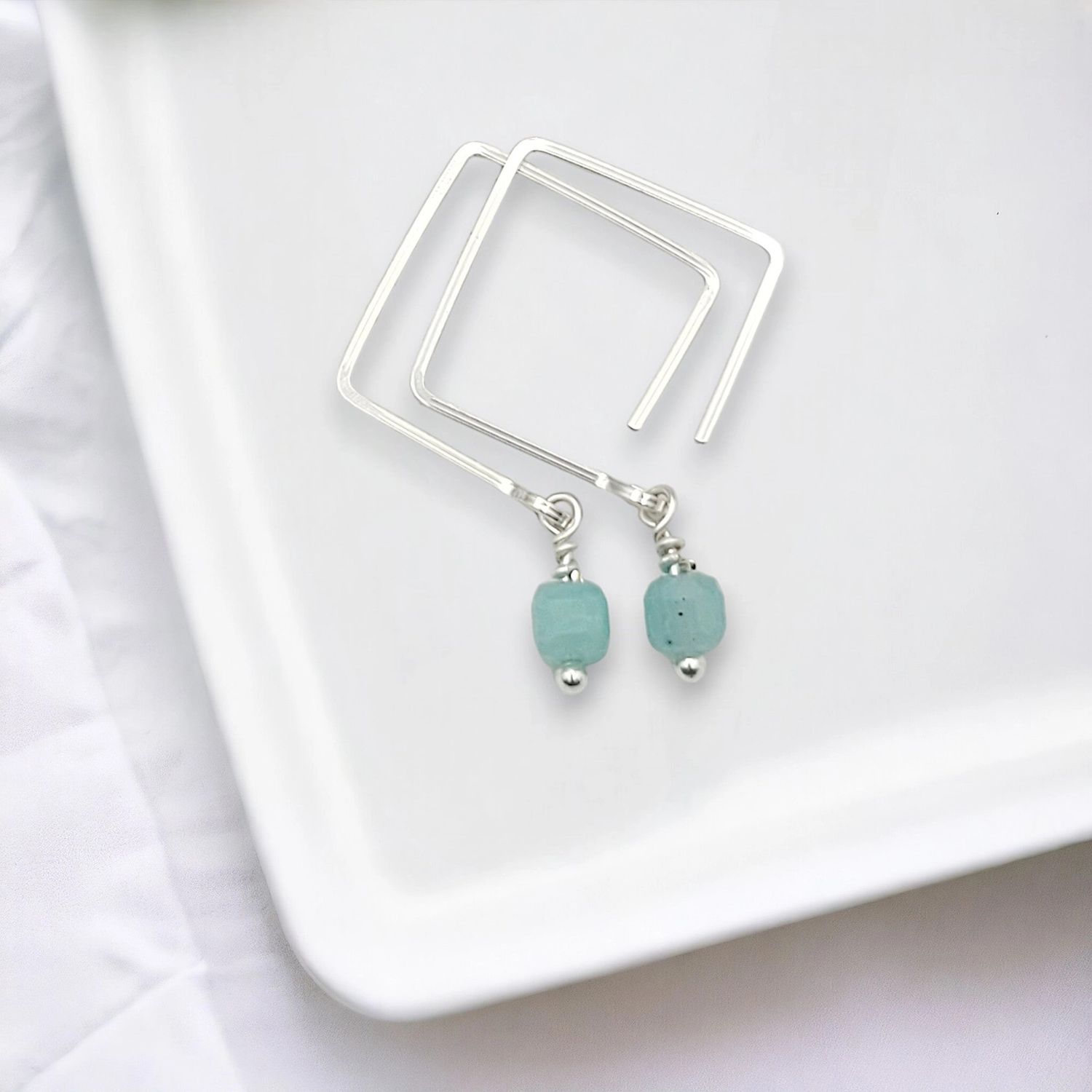 Sterling Silver Square Threader Earrings with Amazonite