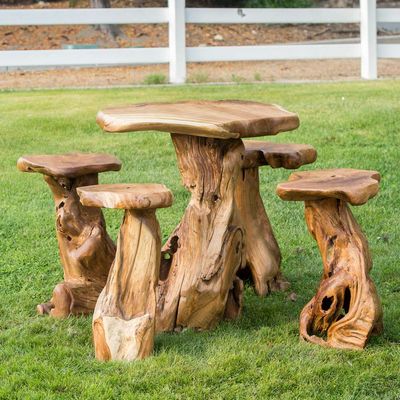 TEAK ROOT BAR TABLE SET - 1 TABLE 40&quot;H and 4 STOOLS 30&quot;