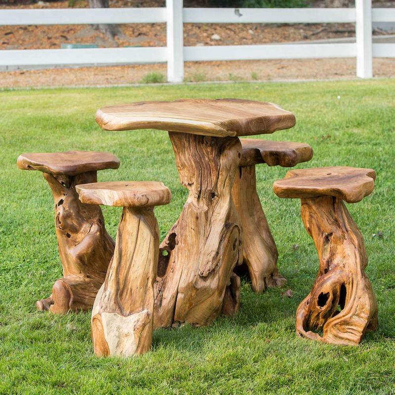 TEAK ROOT BAR TABLE SET - 1 TABLE 40&quot;H and 4 STOOLS 30&quot;